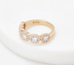 Diamonique Sterling Silver Goldclad 5 Round Cut Stone w/ Halo Ring, Size 4
