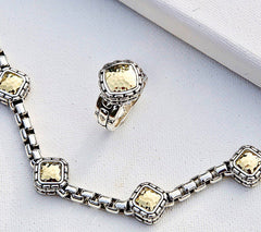 JAI Sterling Silver & 14K Gold 5.3mm Box Chain Station Bracelet, 8-1/4"