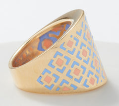 Italian Silver Sterling Goldclad Graduated Teal/Peach Enamel Band Ring, Size 9