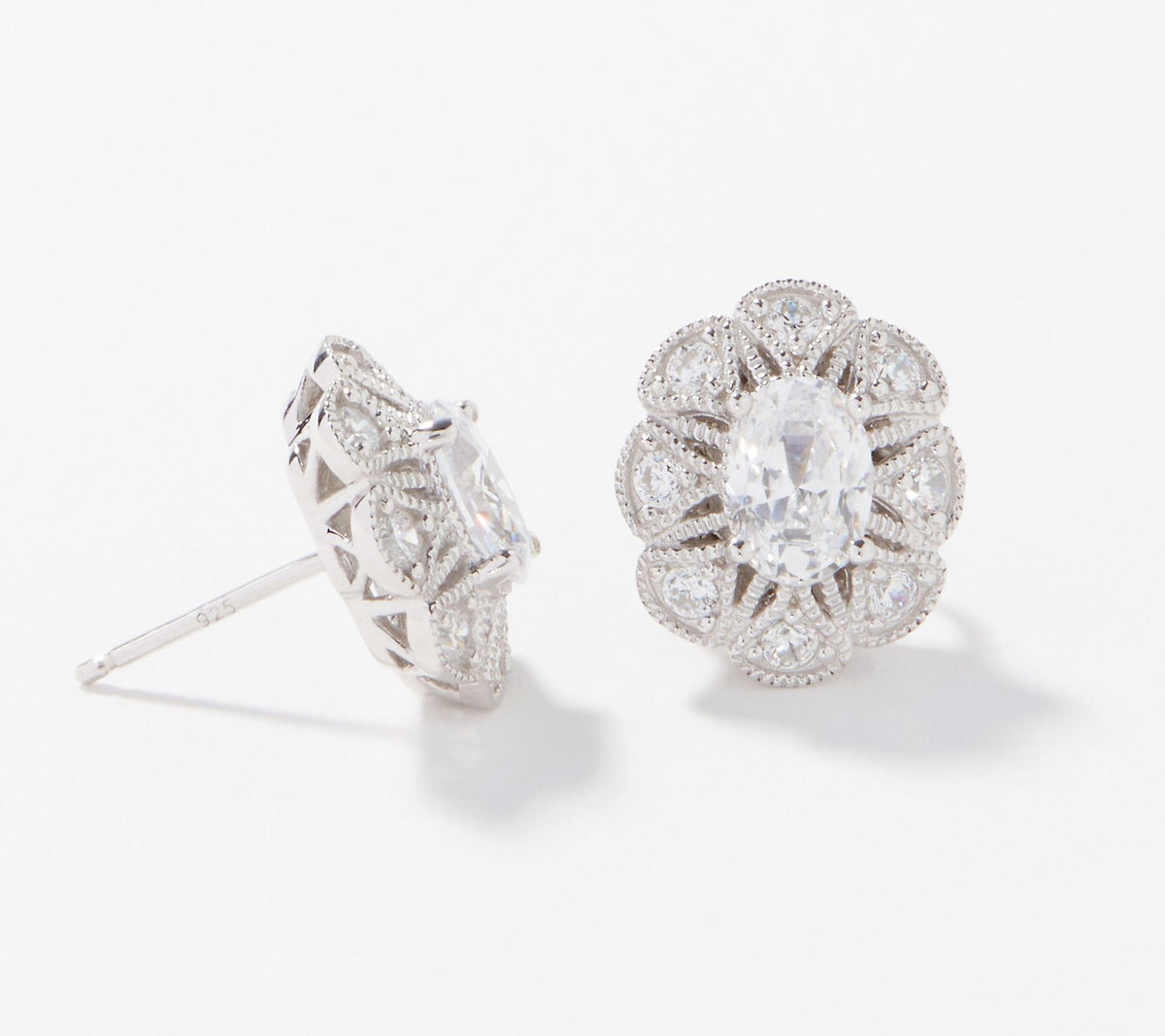 Diamonique Ornate Oval Simulated Ruby or Clear Studs, Platinum-clad Sterling Silver