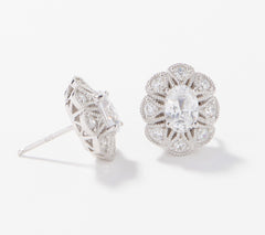 Diamonique Ornate Oval Simulated Ruby or Clear Studs, Platinum-clad Sterling Silver