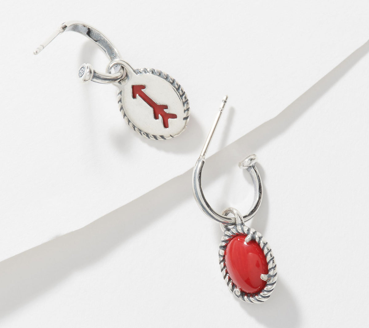 American West Sterling Silver Red Coral Charm Reversible Hoop Earrings