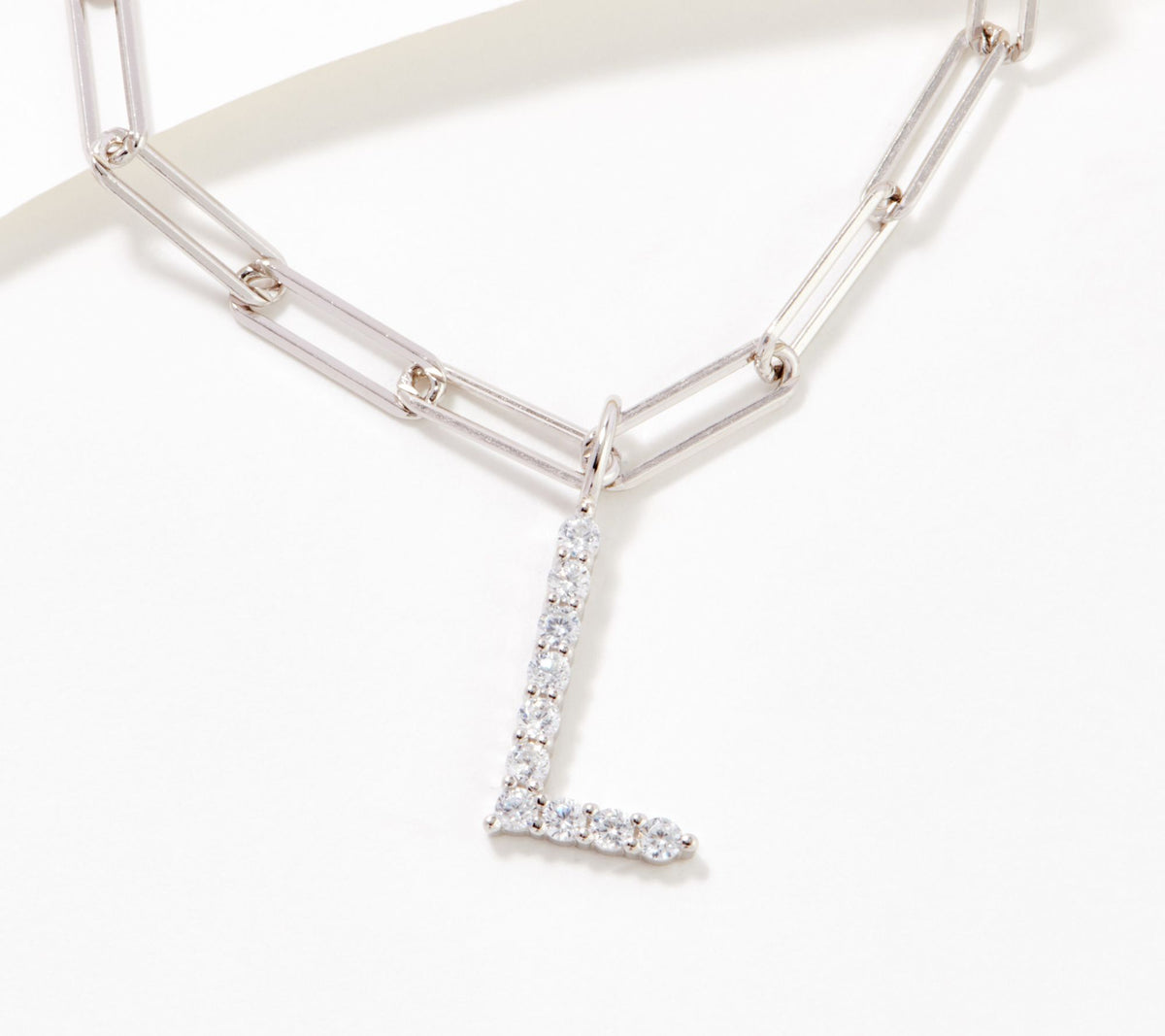 Diamonique Sterling Silver CZ Paperclip Link Initial "L" Necklace. 18"