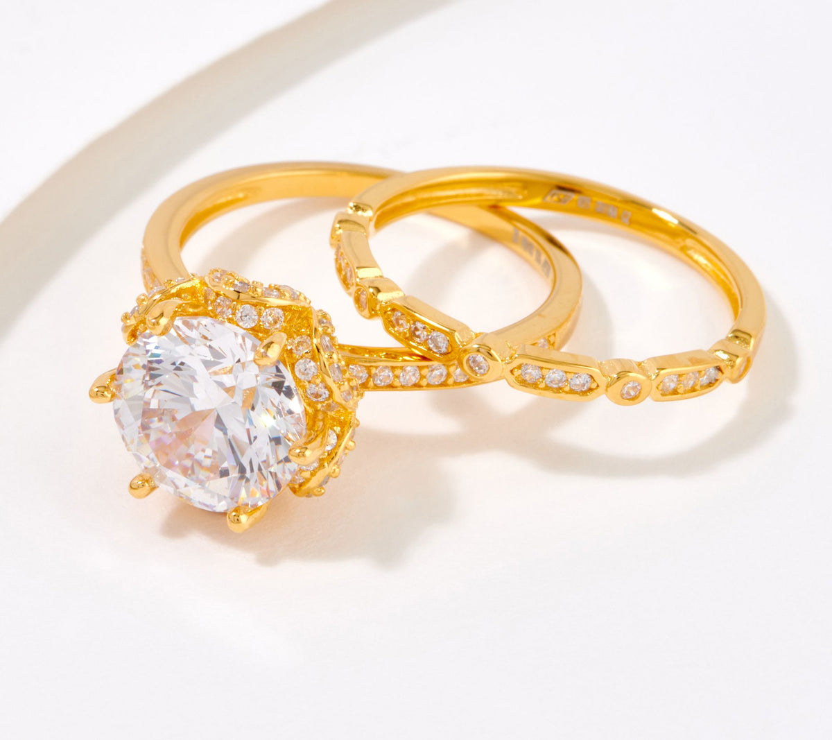 Diamonique Sterling Silver 14K goldclad Fleur Cut Halo Ring Set, Size 6