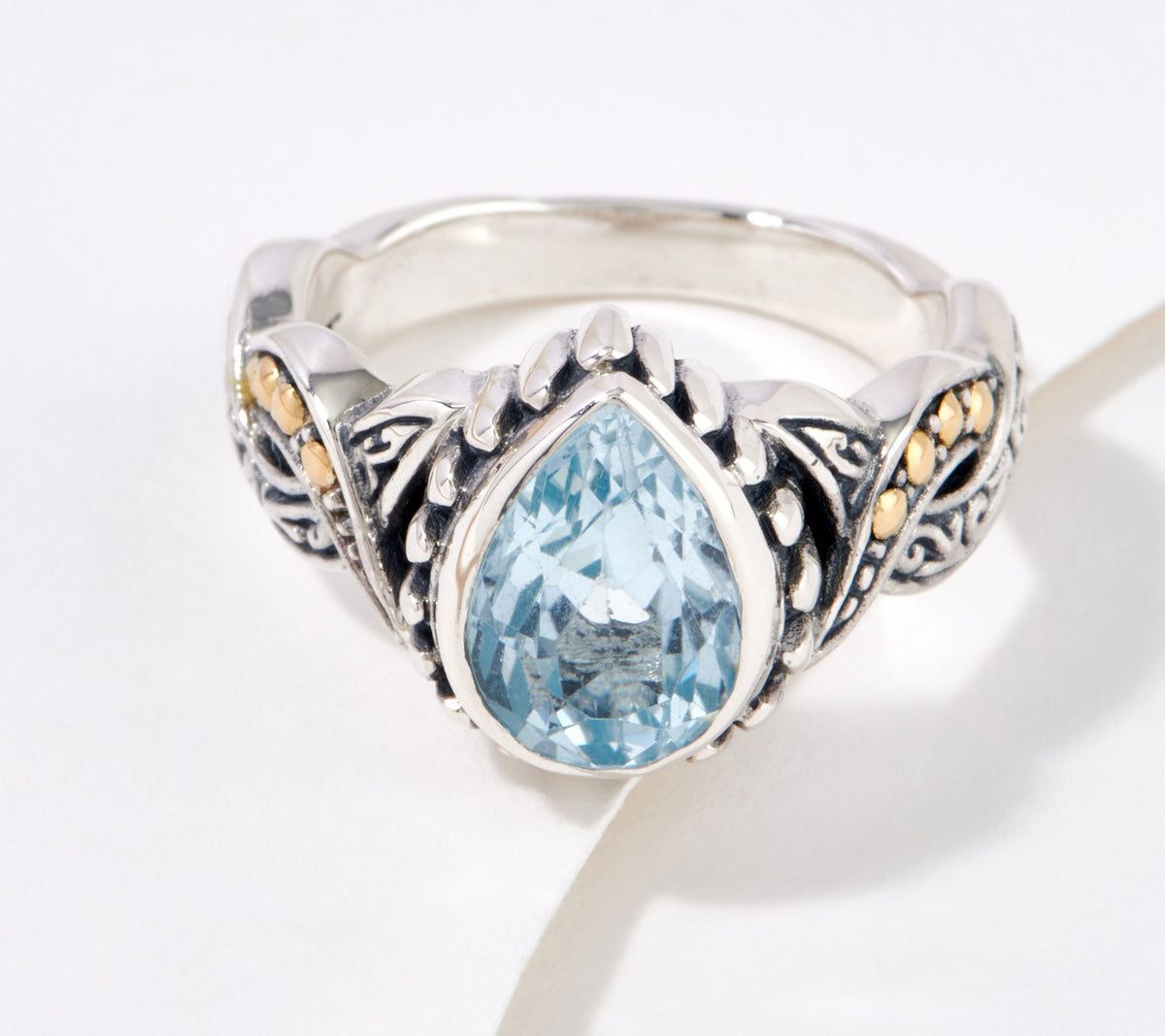Artisan Crafted  Sterling Silver & 18k Accents Pear Shape Blue Topaz Ring, Size 8