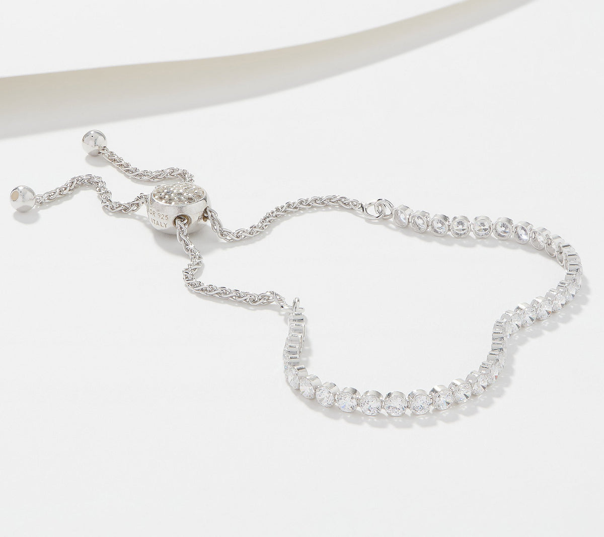 Diamonique Sterling Silver CZ Bezel Set Adjustable Bolo Bracelet  One Size
