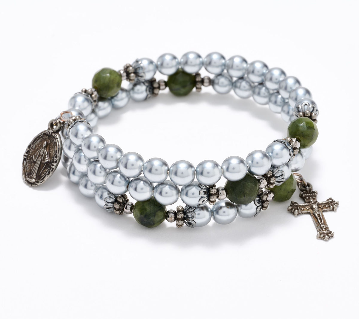 Connemara Marble Faux Pearl Coil Rosary Bracelet, Grey