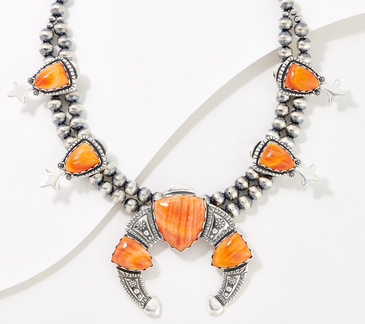 American West Sterling Silver Seven Orange Spiny Squash Blossom Necklace