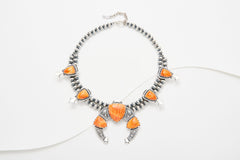 American West Sterling Silver Seven Orange Spiny Squash Blossom Necklace