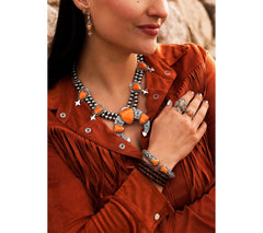 American West Sterling Silver Seven Orange Spiny Squash Blossom Necklace
