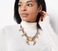 American West Sterling Silver Seven Orange Spiny Squash Blossom Necklace