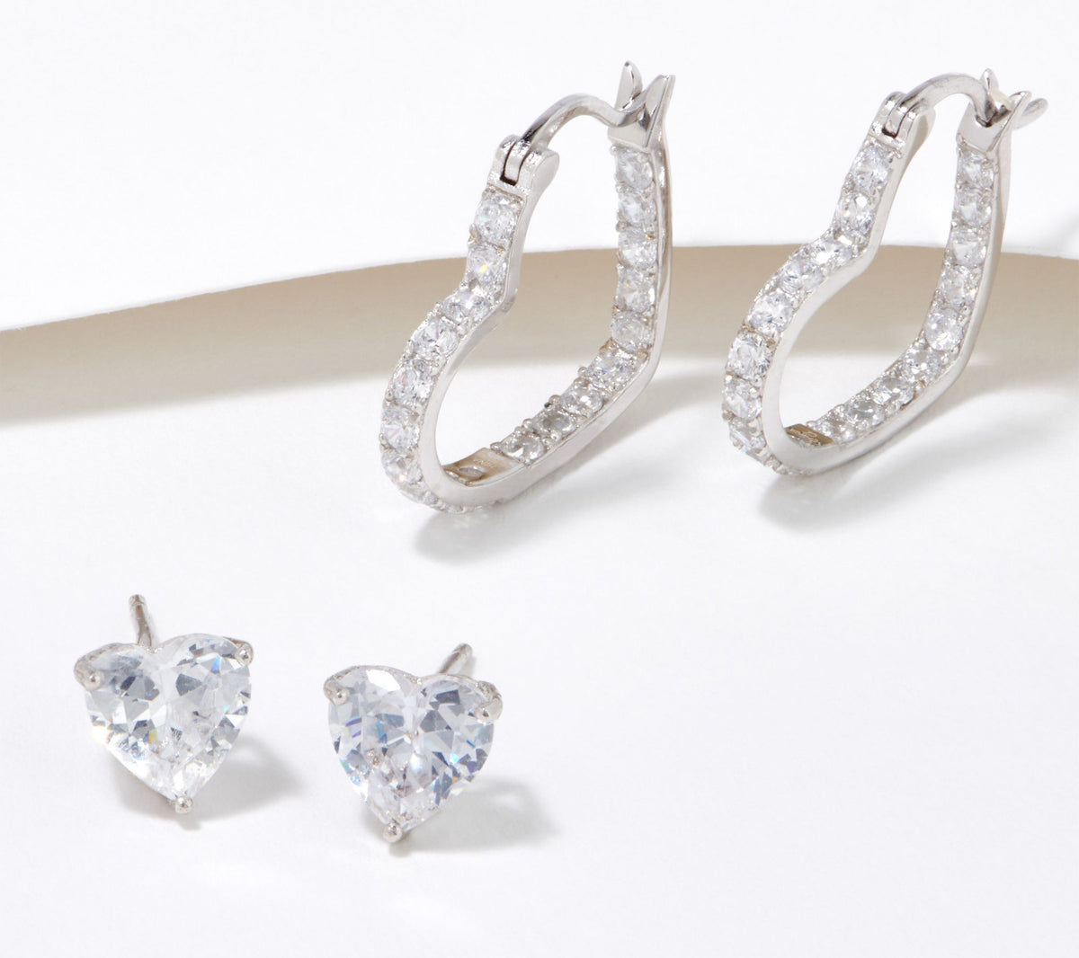 Diamonique Heart Stud and Hoop Earrings Set of 2 Boxed, Sterling Silver