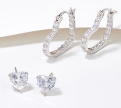 Diamonique Heart Stud and Hoop Earrings Set of 2 Boxed, Sterling Silver