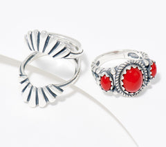 American West Sterling Silver 3-Stone Red Coral Ring & Guard Size 9