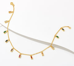 Diamonique Rainbow Baguette Dangle Anklet, GP Sterling Silver, 9"