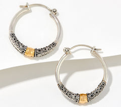Artisan Crafted Sterling Silver & 18K Gold Filigree Accent Hoop Earrings, 1"