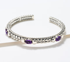 JAI Sterling Silver 1.70ct Amethyst Gemstone & Heart Cuff, 6-3/4"