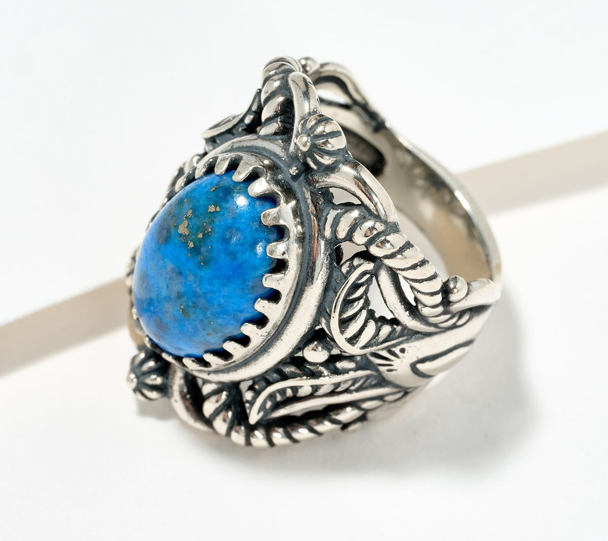 American West Sterling Silver Oval Gemstone Scroll & Leaf Ring Size 9