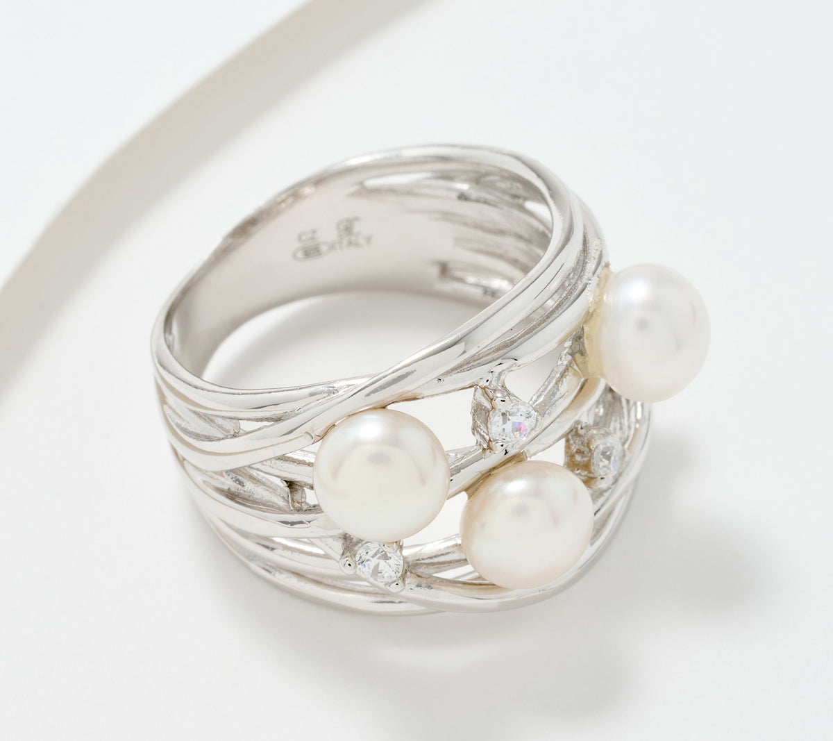 Honora x Diamonique Sterling Silver Cultured Pearl Highway Ring, Size 10