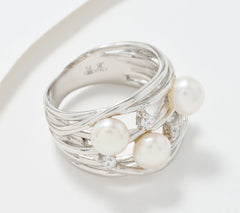 Honora x Diamonique Sterling Silver Cultured Pearl Highway Ring, Size 10