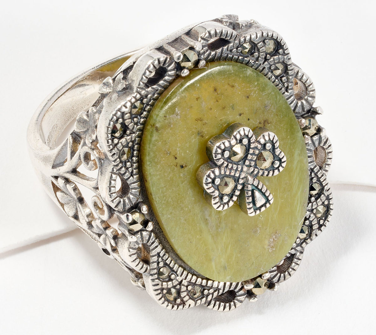 Connemara Marble Sterling Silver Marcasite Accents Shamrock Ring, Size 7