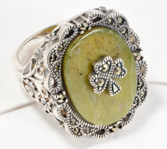 Connemara Marble Sterling Silver Marcasite Accents Shamrock Ring, Size 7