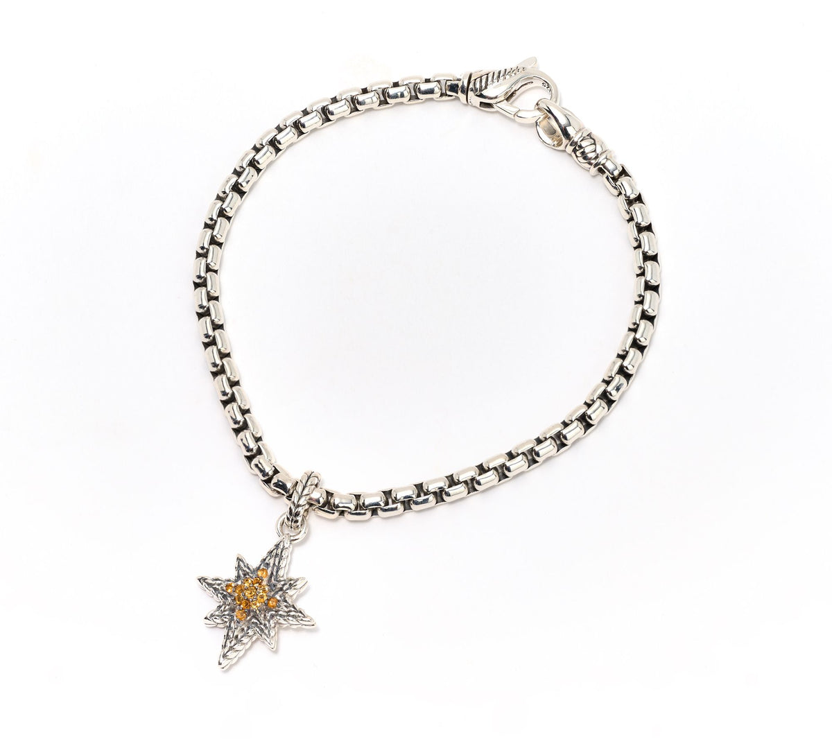 JAI Sterling Silver 3.7mm Box Chain Pave Citrine Charm Bracelet, 6-1/4"