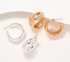 Joan RiversGold/Silvertone Set of 2 Small Tapered Hoops Earrings, 1-1/2"