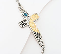 Artisan Crafted Sterling Silver & 18k Gold Accents Cross Blue Topaz Bracelet, 7-1/4"