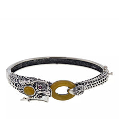 Jade of Yesteryear Sterling Silver Yellow Jade, Ruby and CZ Dragon Bracelet, 7"