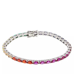 Absolute Sterling Silver Simulated Sapphire Rainbow Line Bracelet. 7-1/2"